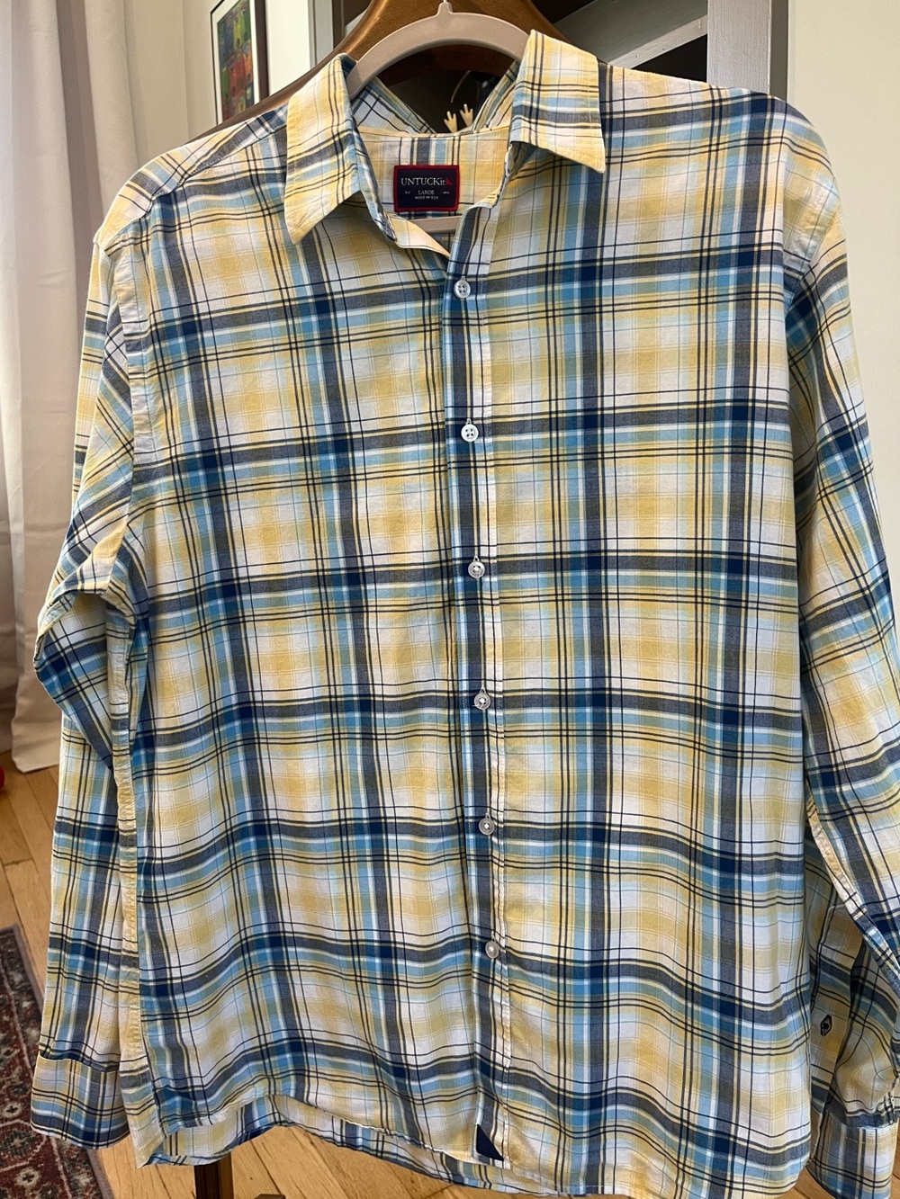 UNTUCKit Men's Yellow and Blue Plaid Button-Down Shirt- 100% Cotton